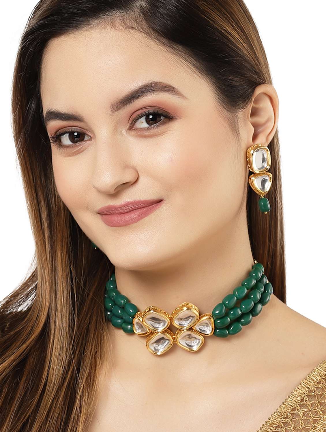karatcart green tumble polki choker necklace set - 18635948 -  Standard Image - 4