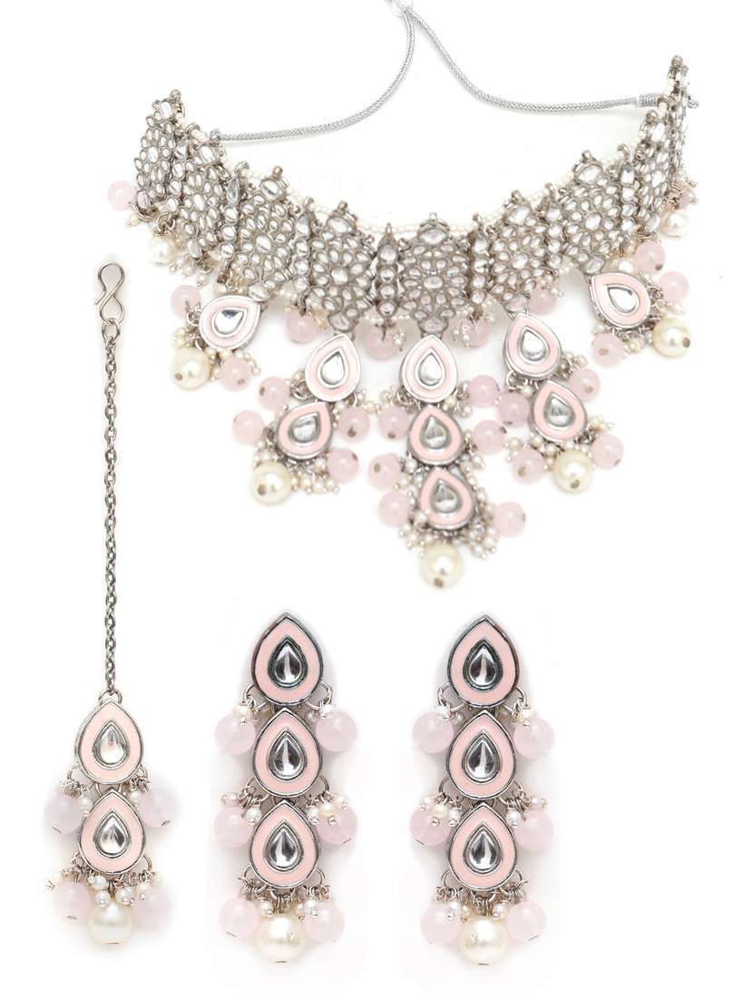 pink metal necklace earring and maang tikka set - 18635963 -  Standard Image - 1
