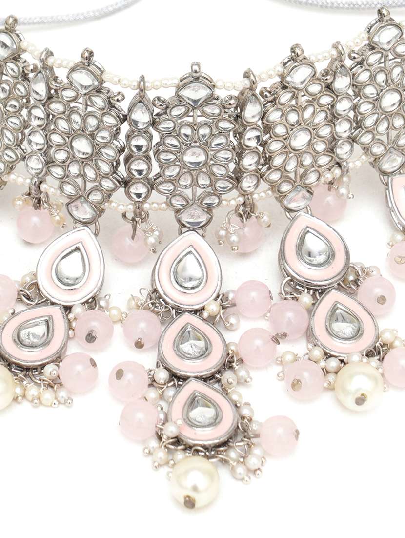 pink metal necklace earring and maang tikka set - 18635963 - Standard Image - 4