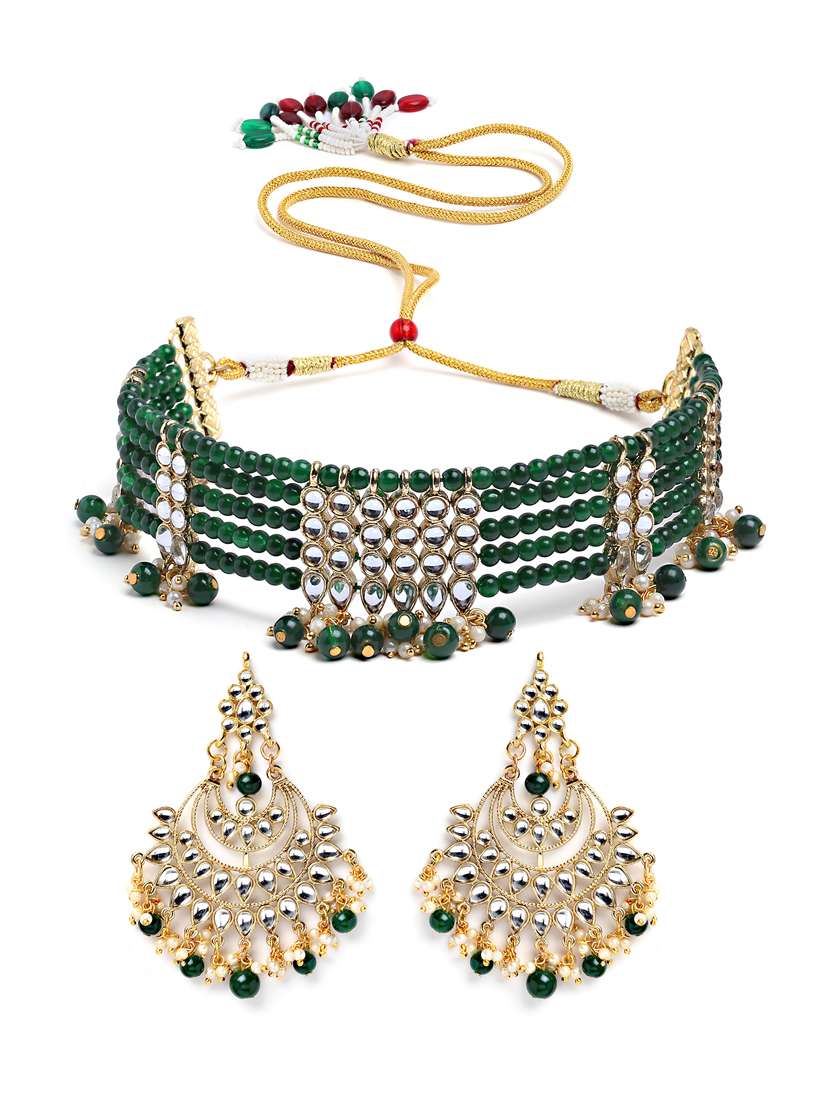 green metal necklace earring and maang tikka set - 18635980 -  Standard Image - 1