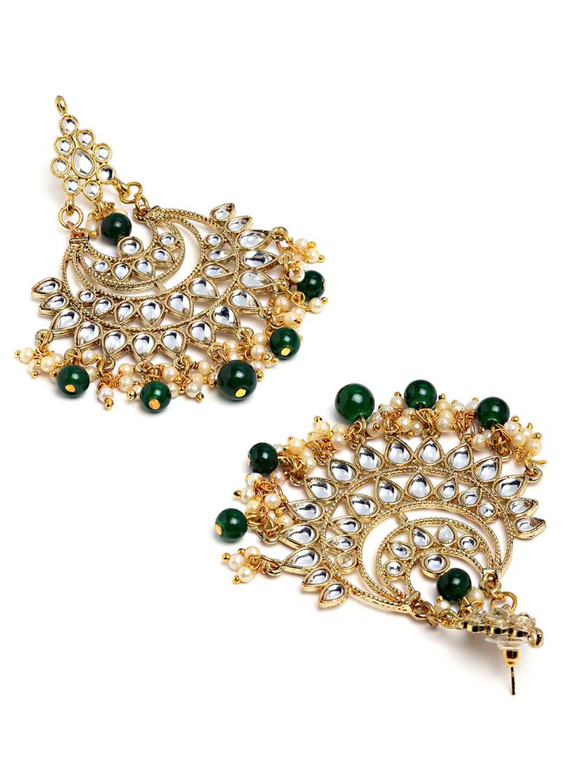 green metal necklace earring and maang tikka set - 18635980 -  Standard Image - 4