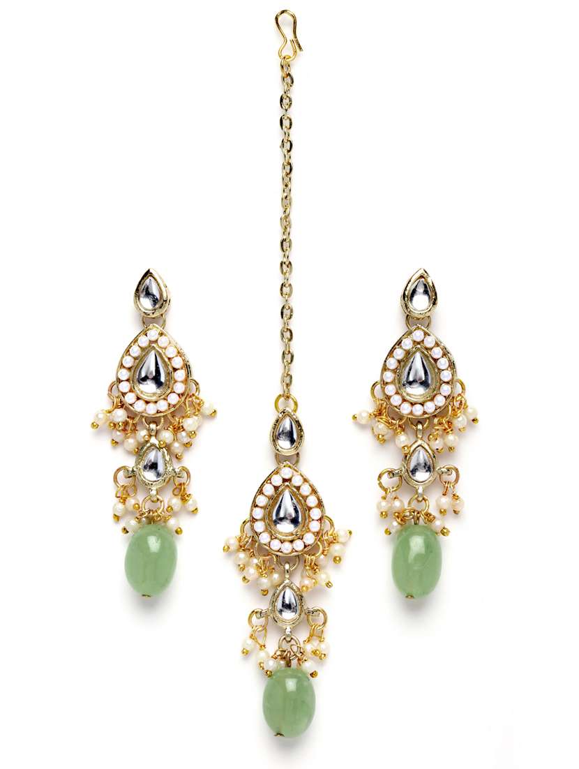 gold plated necklaces earring maang tikka set - 18636007 -  Standard Image - 1