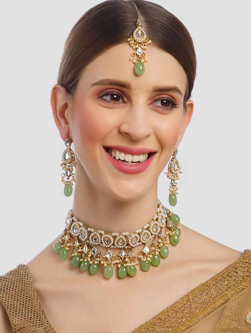 gold plated necklaces earring maang tikka set - 18636007 -  Standard Image - 4