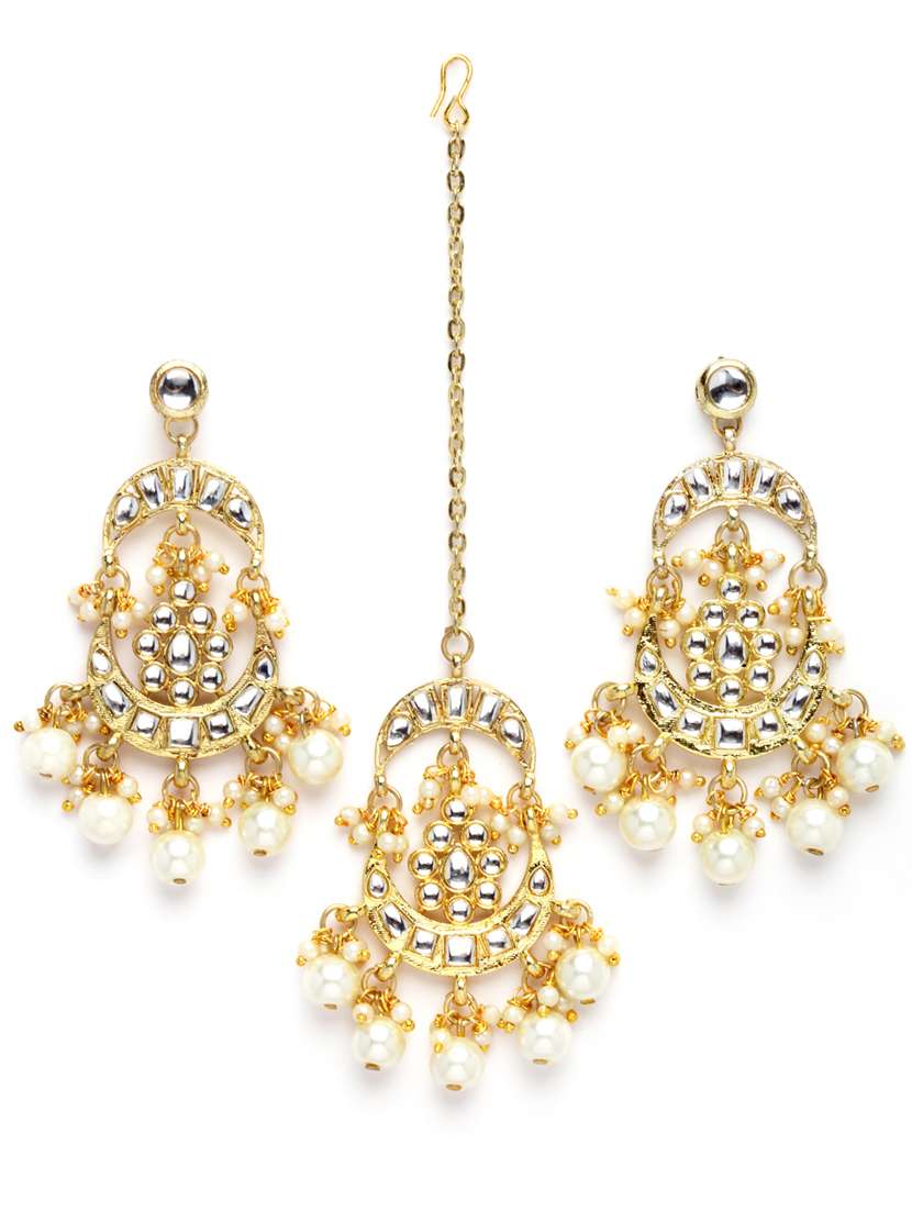 gold plated necklaces earring maang tikka set - 18636010 -  Standard Image - 1