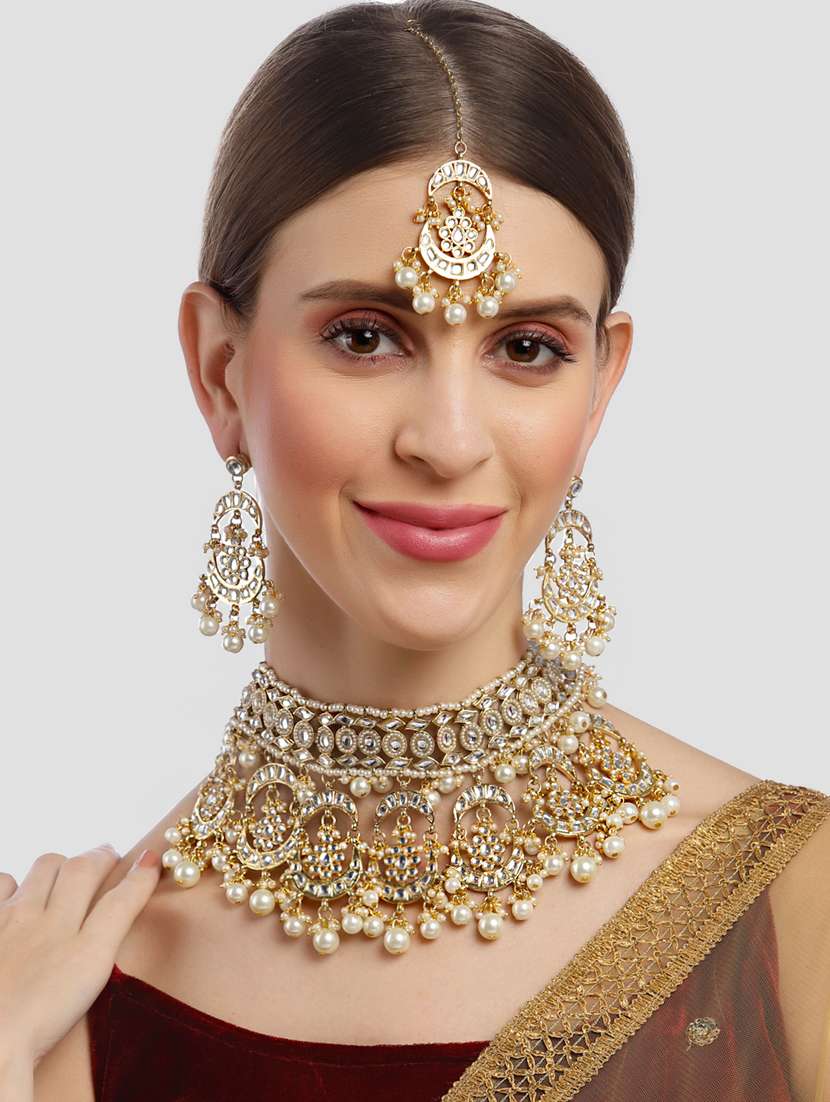 gold plated necklaces earring maang tikka set - 18636010 -  Standard Image - 4