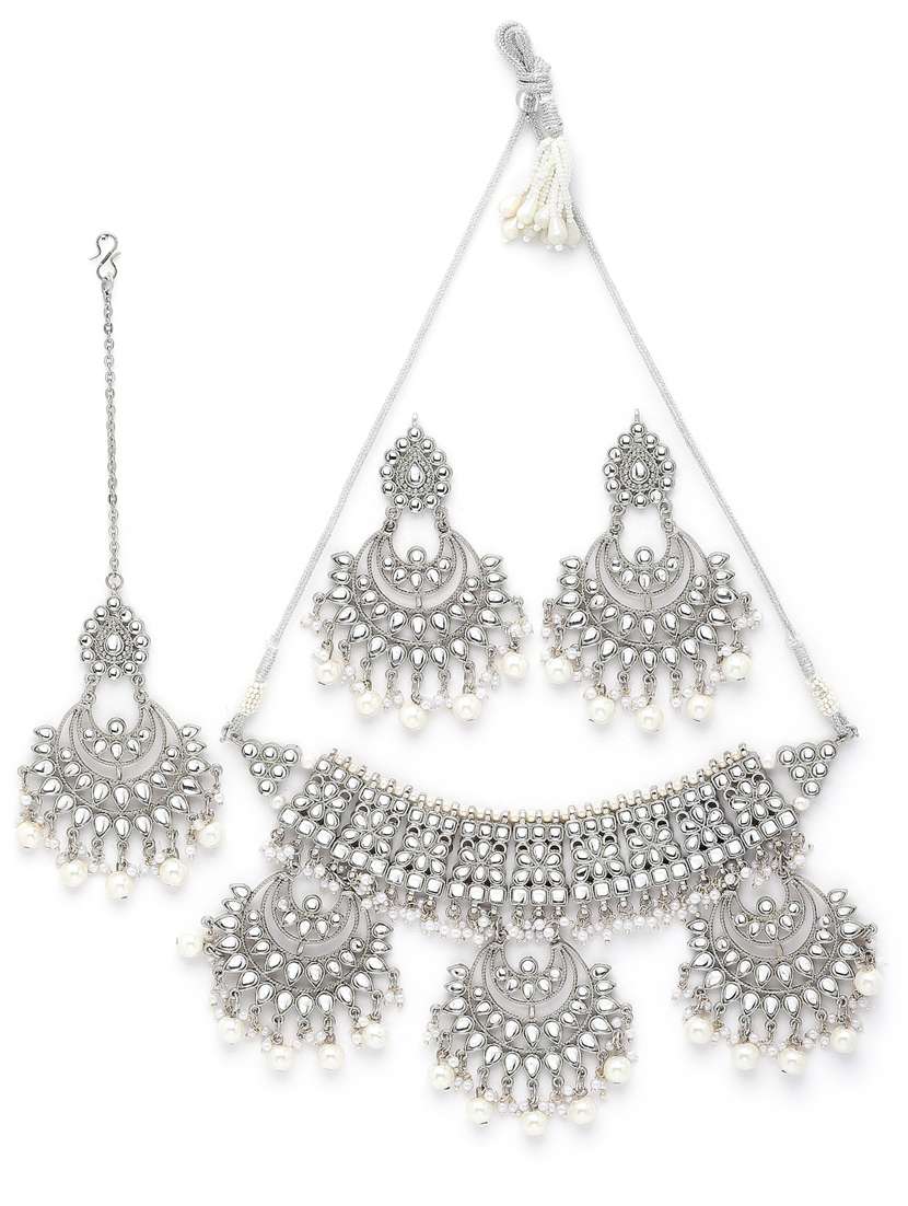 silver plated necklaces earring maang tikka set - 18636055 -  Standard Image - 1