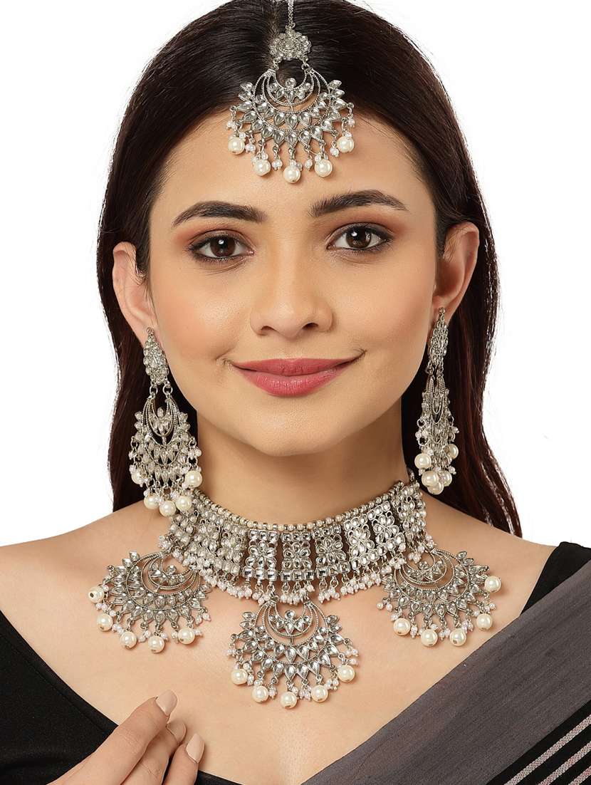 silver plated necklaces earring maang tikka set - 18636055 -  Standard Image - 4