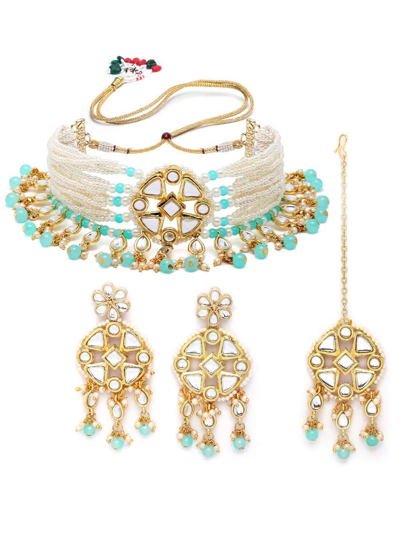 gold plated necklaces earring maang tikka set - 18636068 -  Standard Image - 1