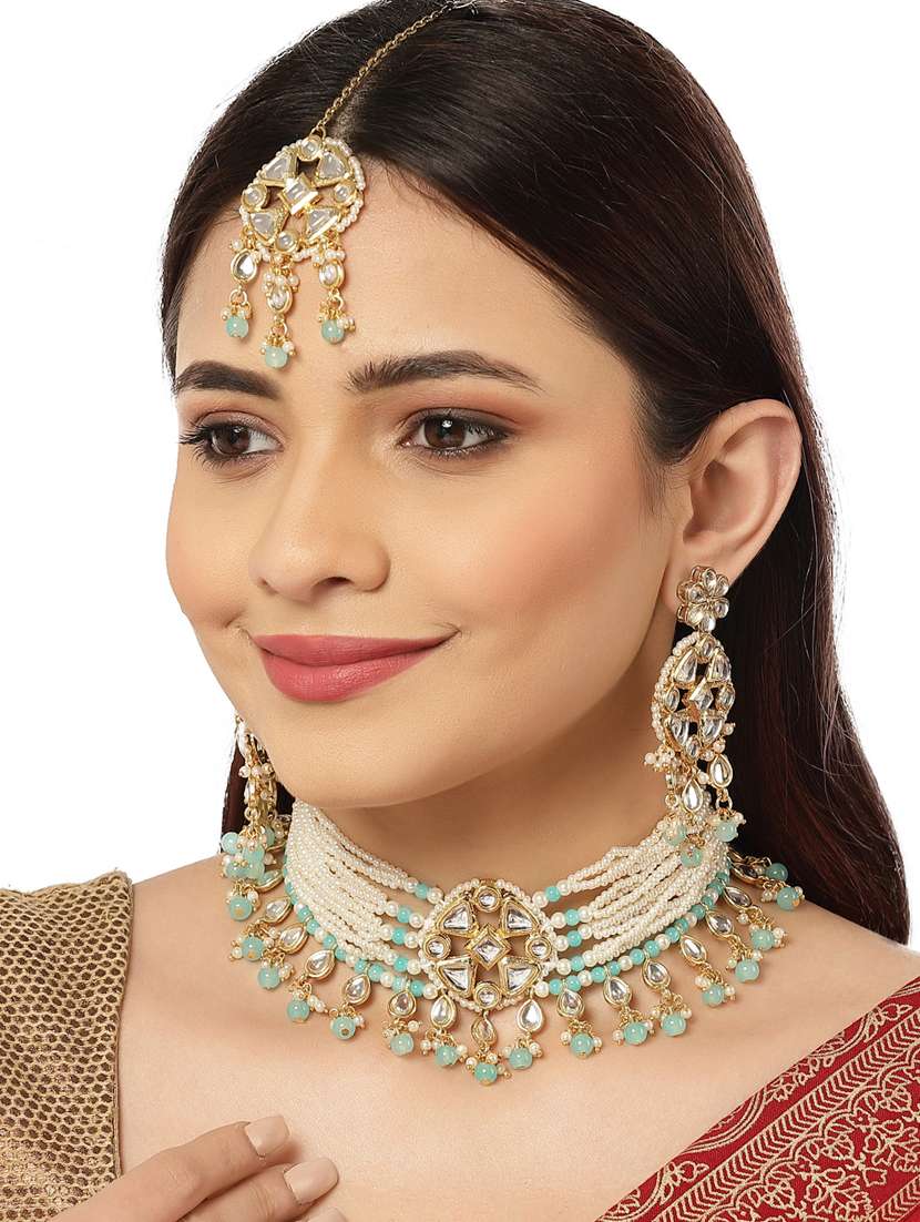 gold plated necklaces earring maang tikka set - 18636068 -  Standard Image - 4
