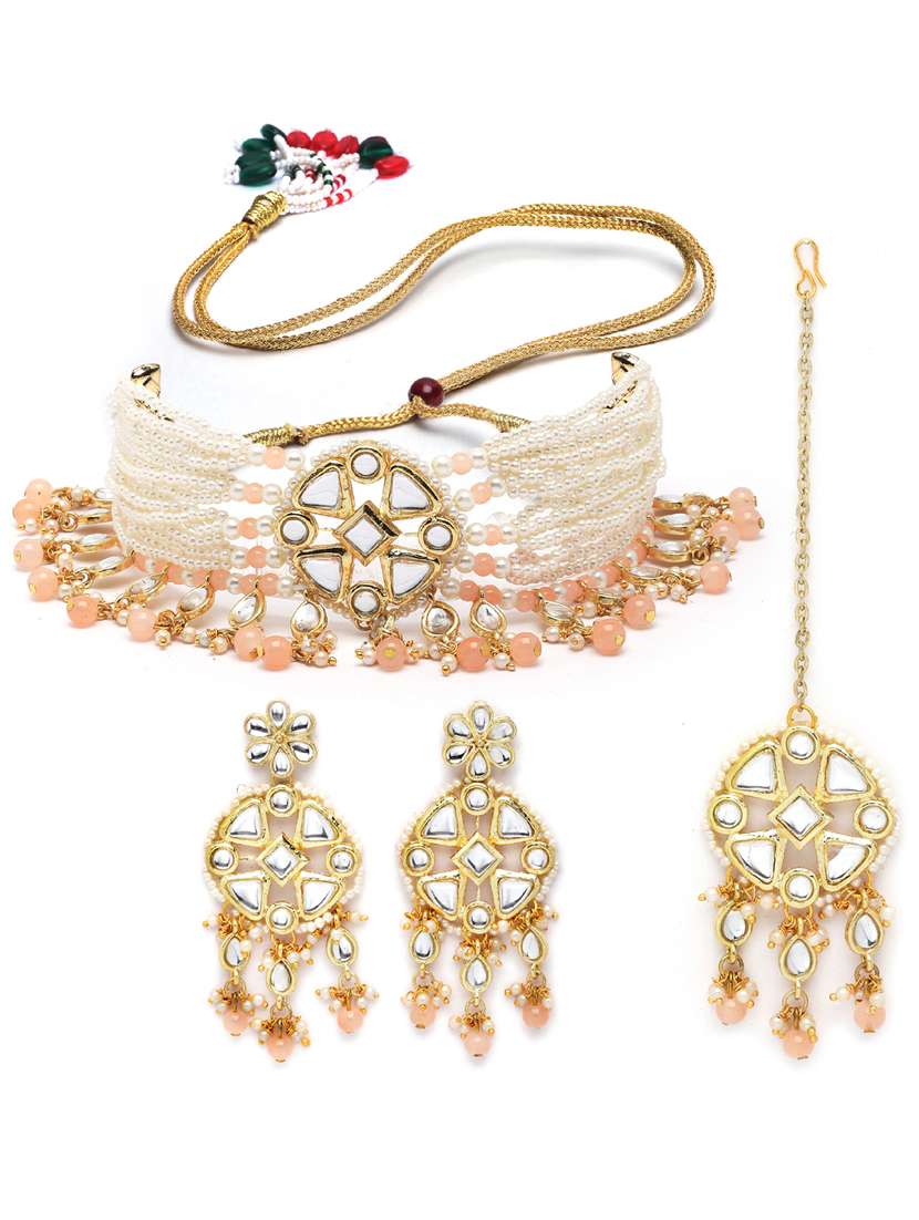 gold plated necklaces earring maang tikka set - 18636069 -  Standard Image - 1