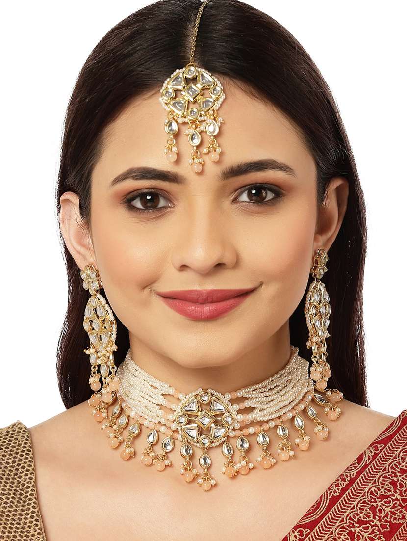 gold plated necklaces earring maang tikka set - 18636069 - Standard Image - 4