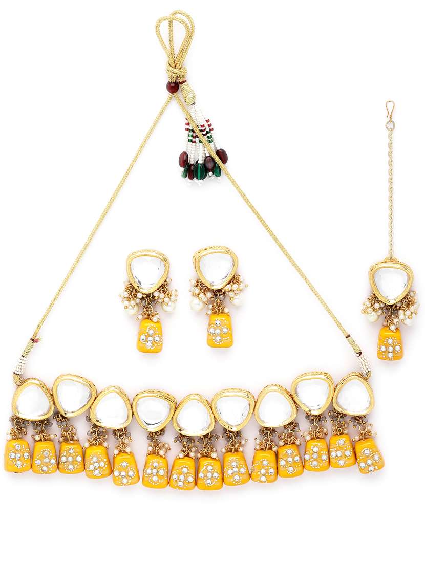 gold plated necklaces earring maang tikka set - 18636075 -  Standard Image - 1