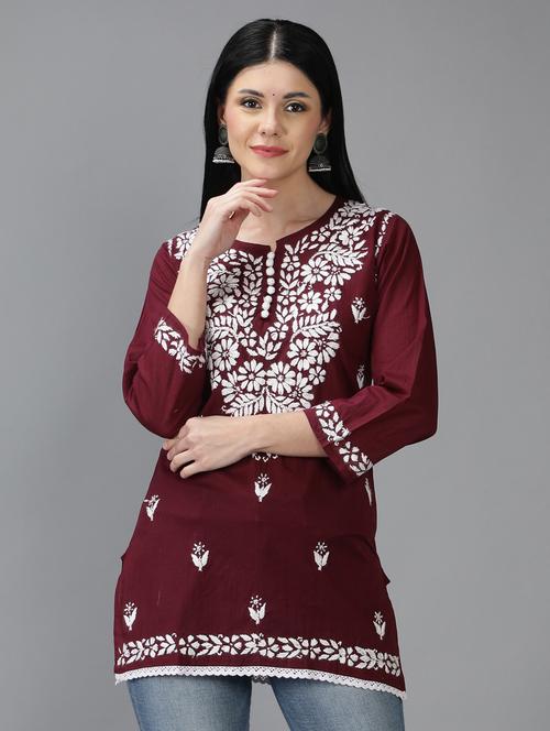 chikankari embroidered short kurti - 18636940 - Standard Image - 0