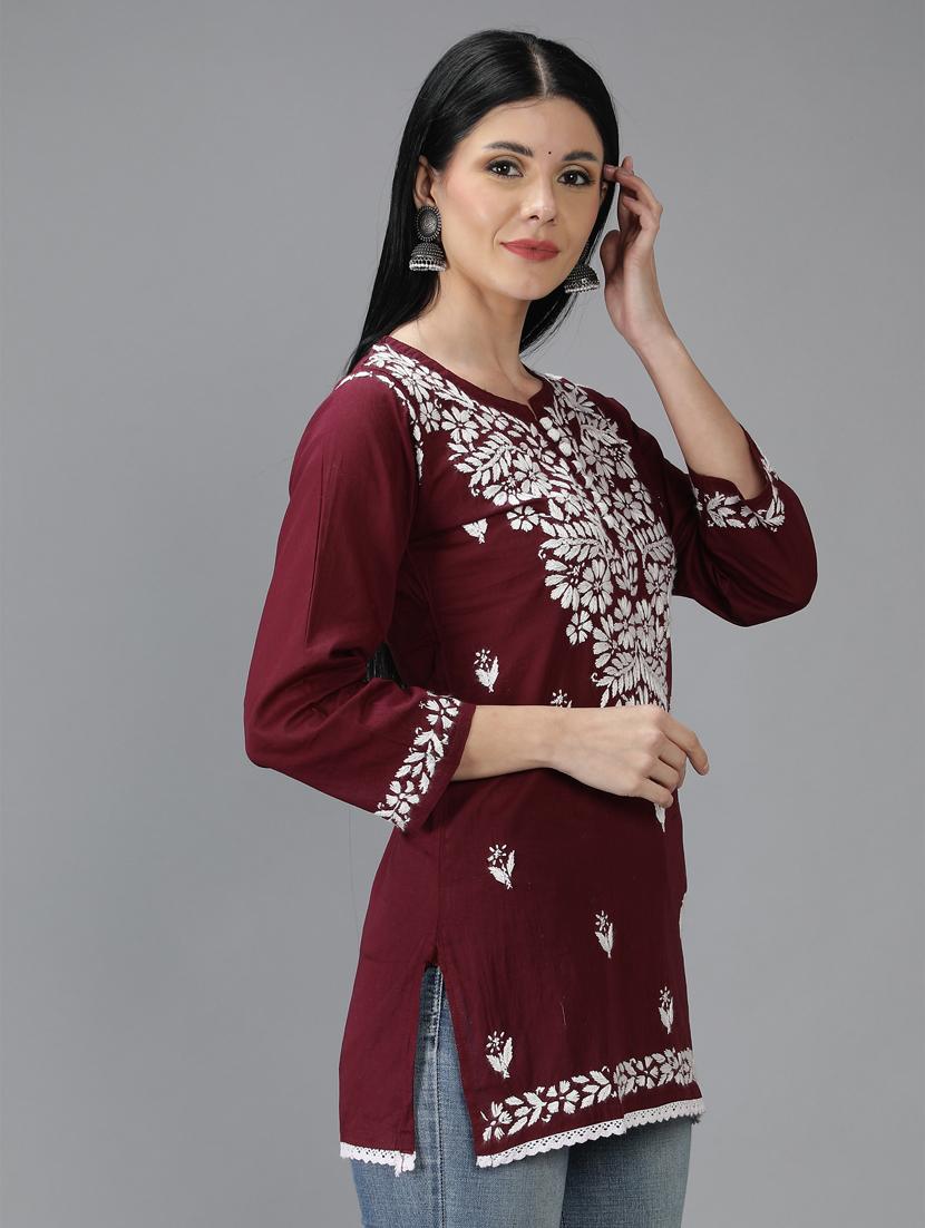 chikankari embroidered short kurti - 18636940 - Standard Image - 1