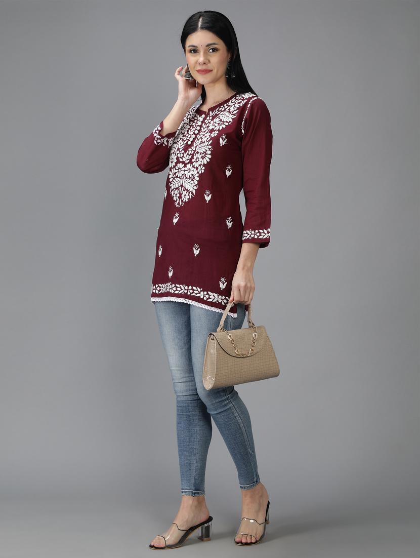 chikankari embroidered short kurti - 18636940 - Standard Image - 4