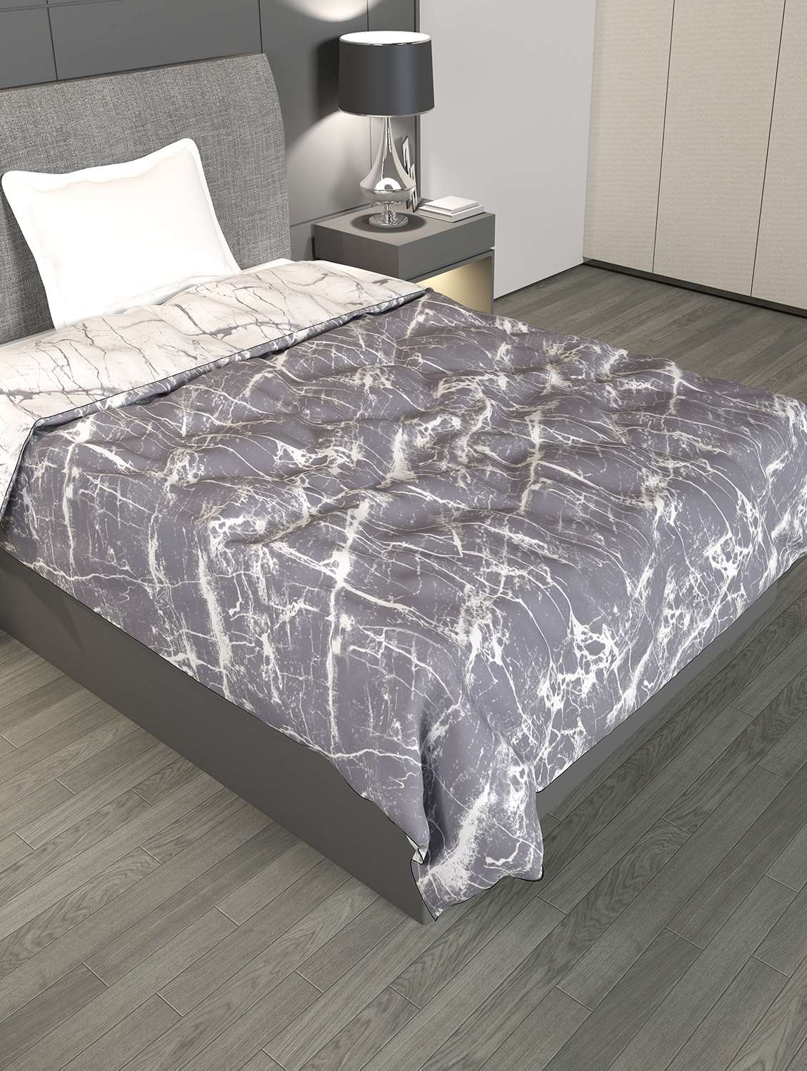 home plus studio  microfibre 150 gsm reversible single bed comforter all-weatherblanket light weight quilt duvet, white & grey