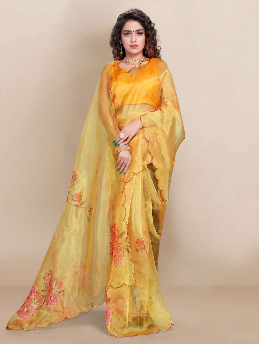 women's floral mustard colored saree with blouse