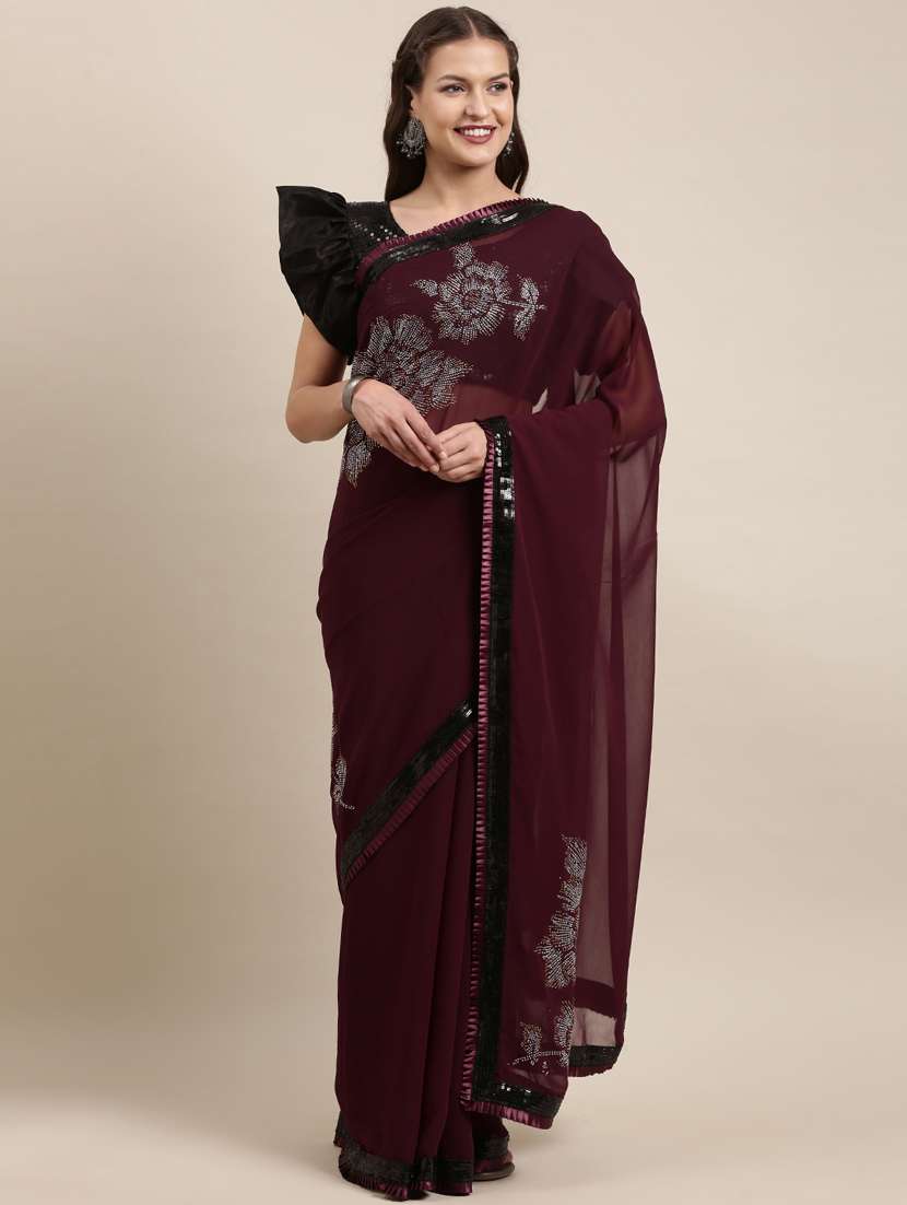 women's bordered purple colored saree with blouse