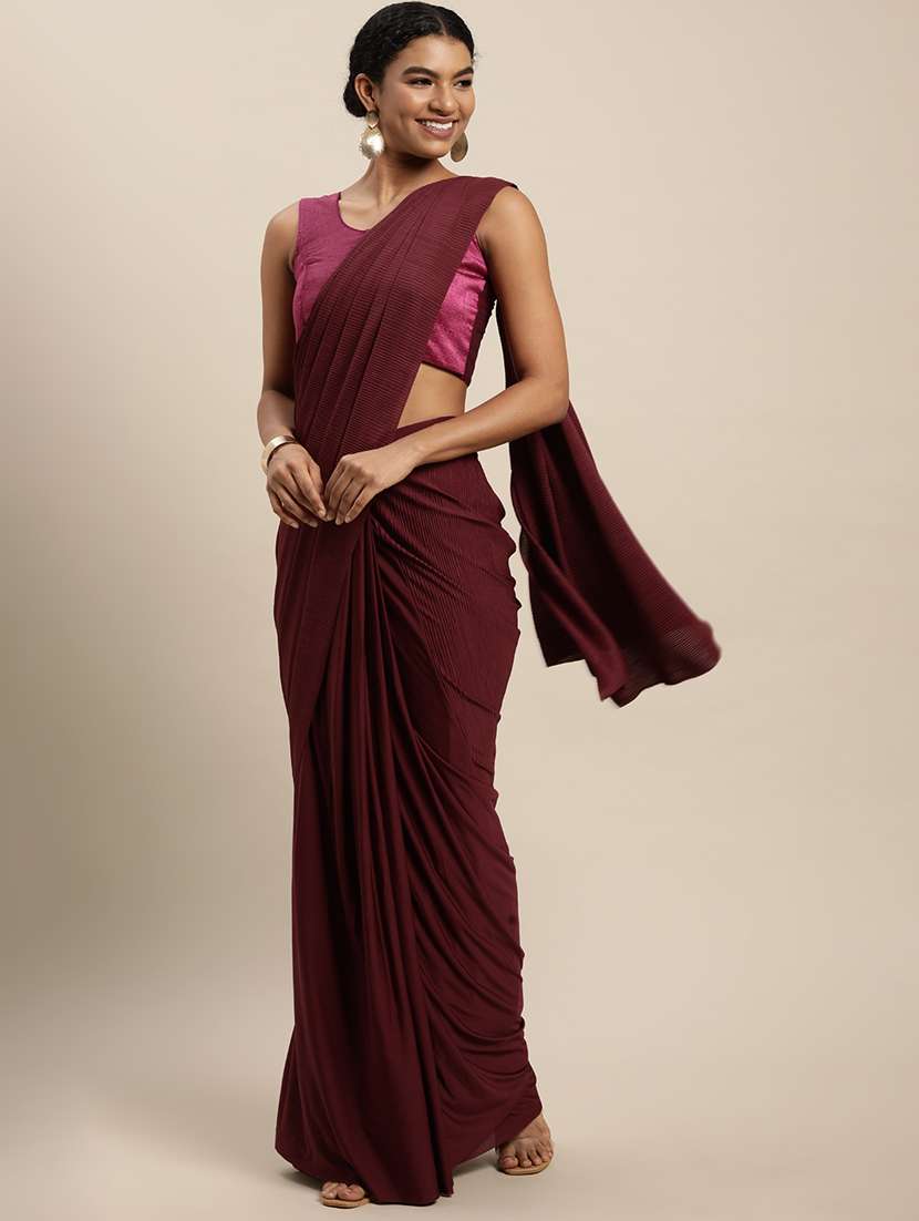 women's solid maroon colored saree with blouse