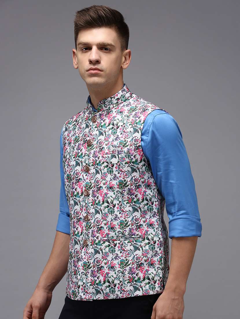 printed bandhgala nehru jacket - 18645454 -  Standard Image - 1