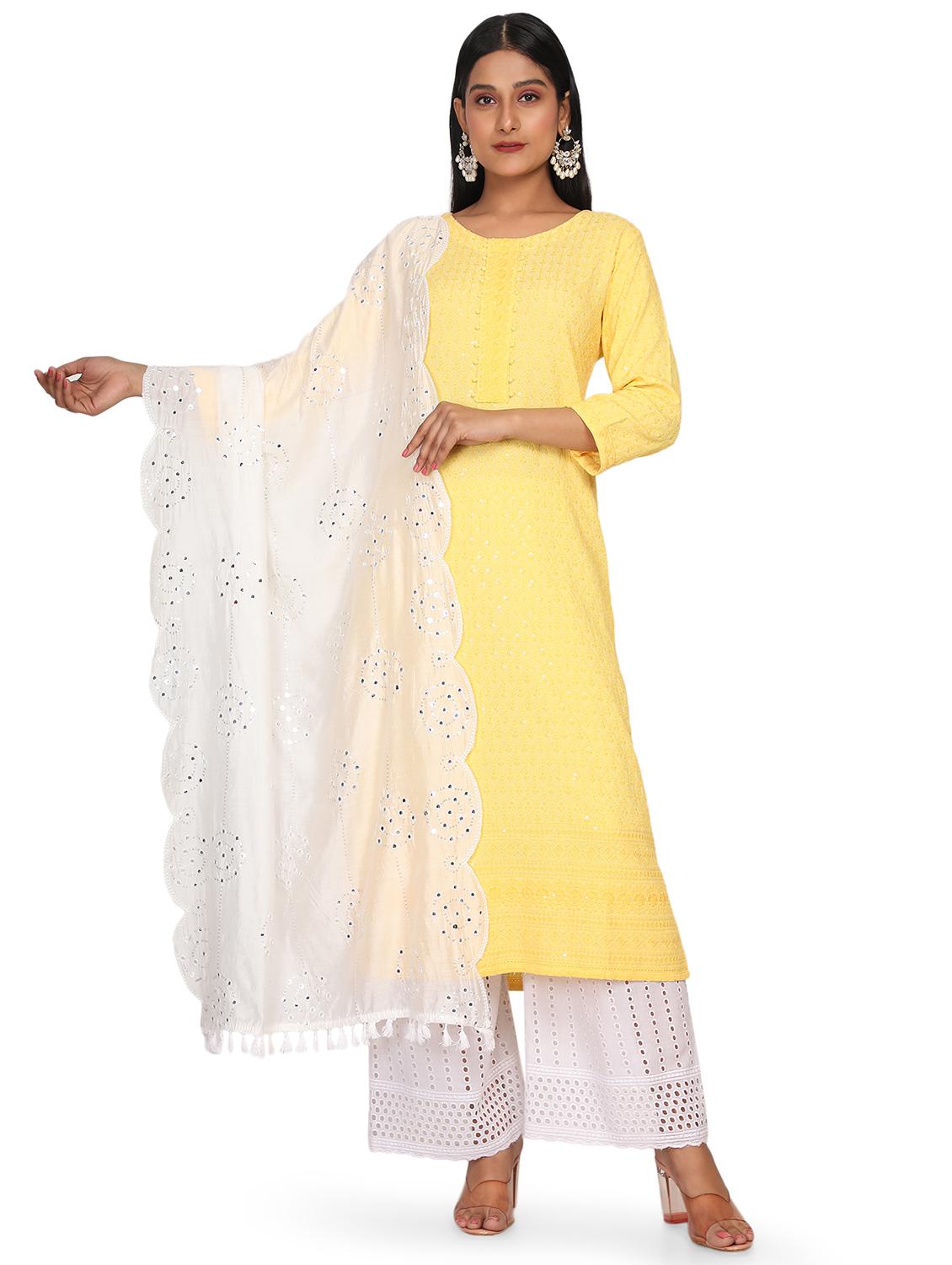 white embroidered mirror work dupatta - 18647881 - Zoom Image - 0