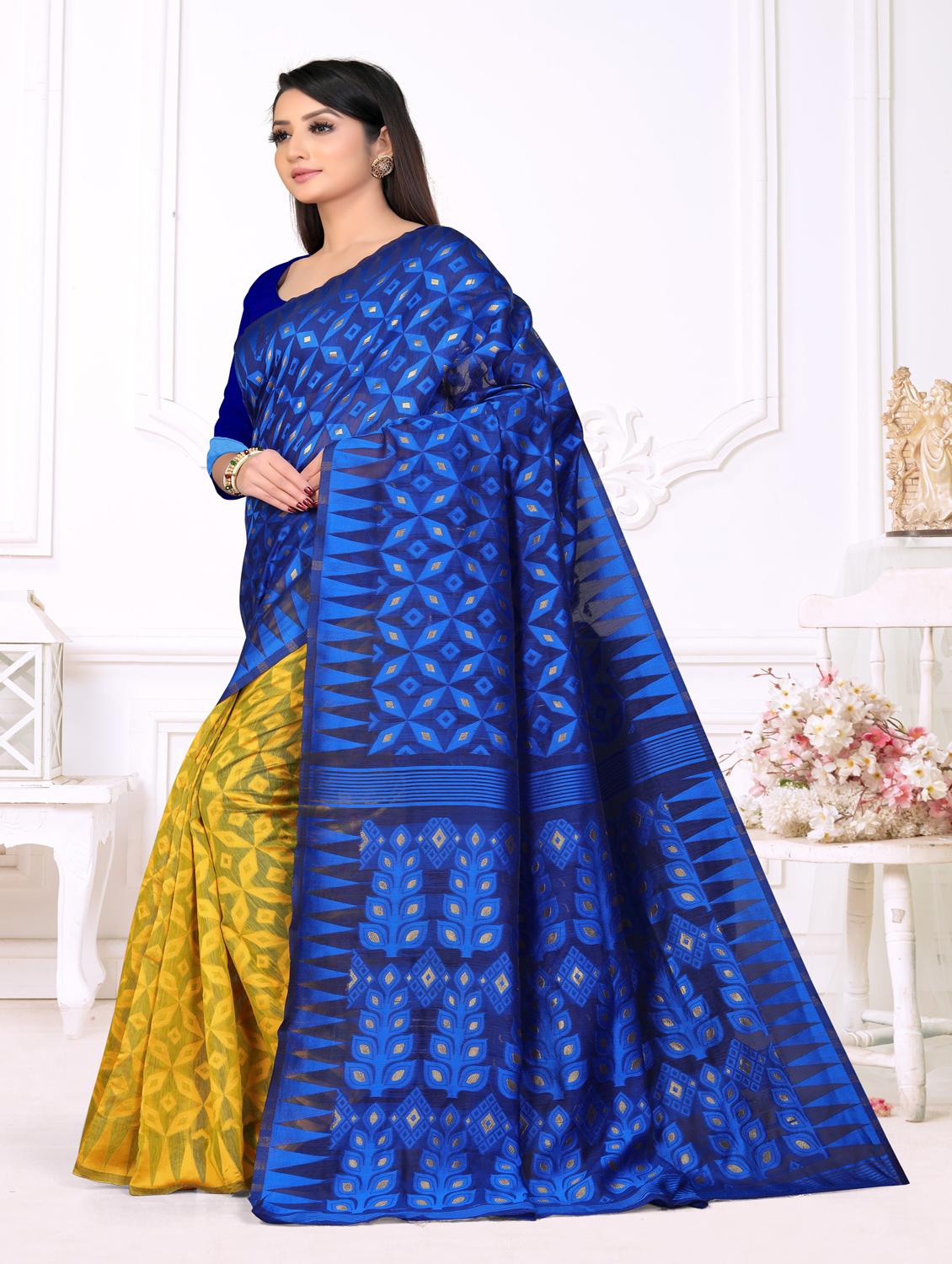 jacquard work jamdani half & half saree with blouse - 18650657 - Standard Image - 1