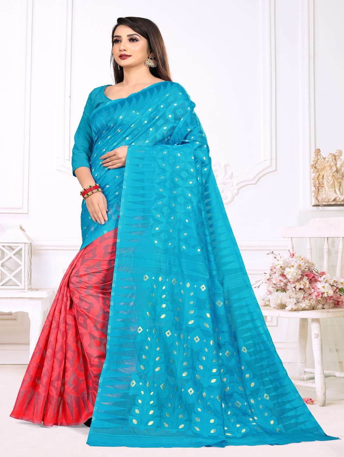jacquard work jamdani half & half saree with blouse - 18650658 - Standard Image - 1