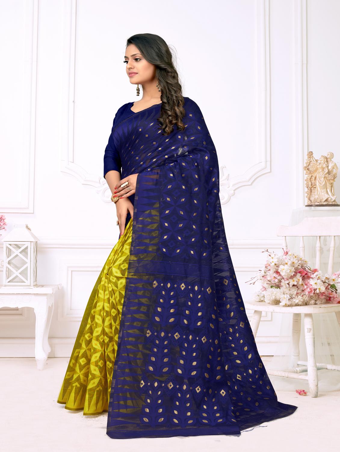 jacquard work jamdani half & half saree with blouse - 18650661 - Standard Image - 1