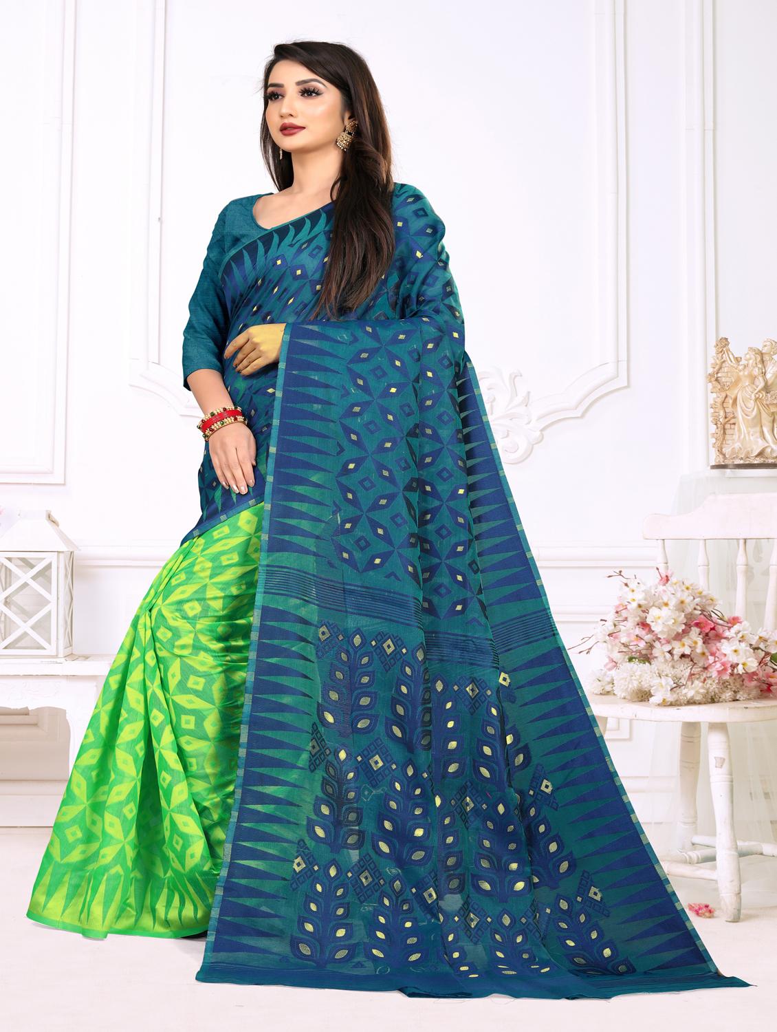jacquard work jamdani half & half saree with blouse - 18650664 - Standard Image - 1