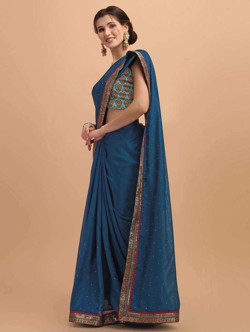 women's bordered royal blue colored saree with blouse - 18650665 -  Standard Image - 1