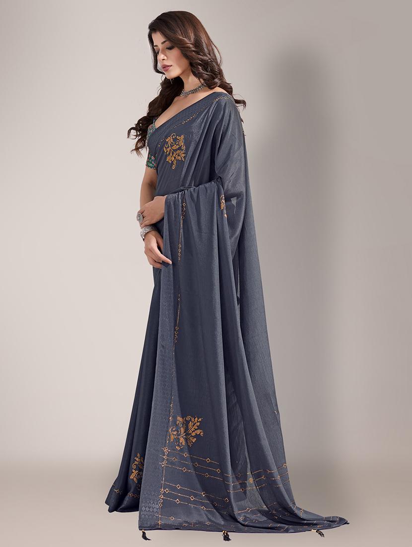 grey embroidered saree with tassels with blouse - 18651044 - Standard Image - 1