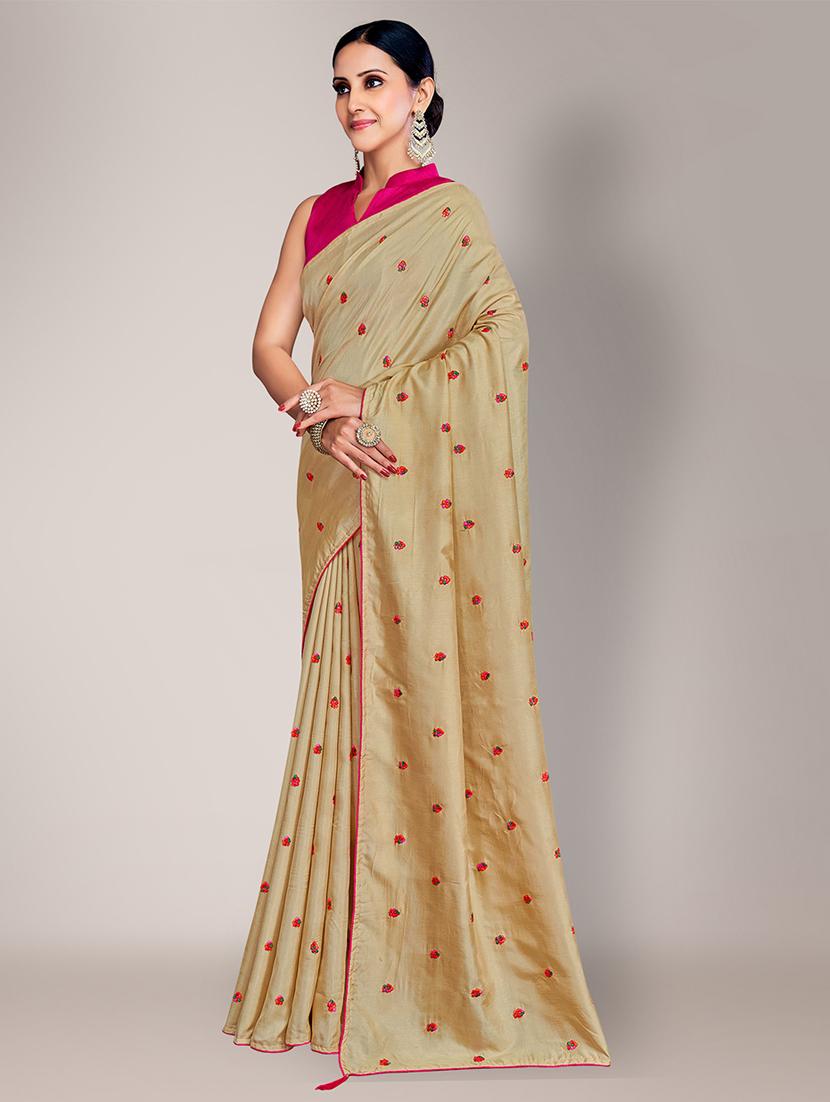 beige embroidered saree with blouse piece - 18651181 - Standard Image - 1