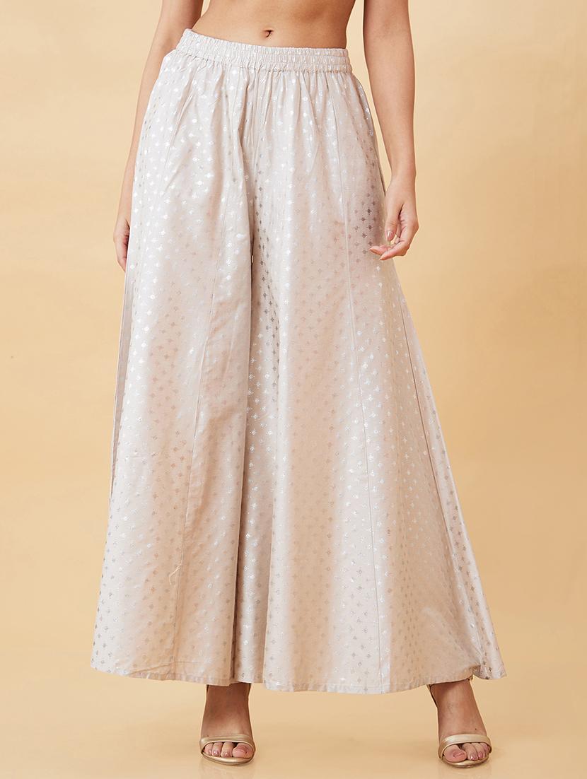 globus women taupe with silver foil print flared ethnic palazzos - 18651215 -  Zoom Image - 0