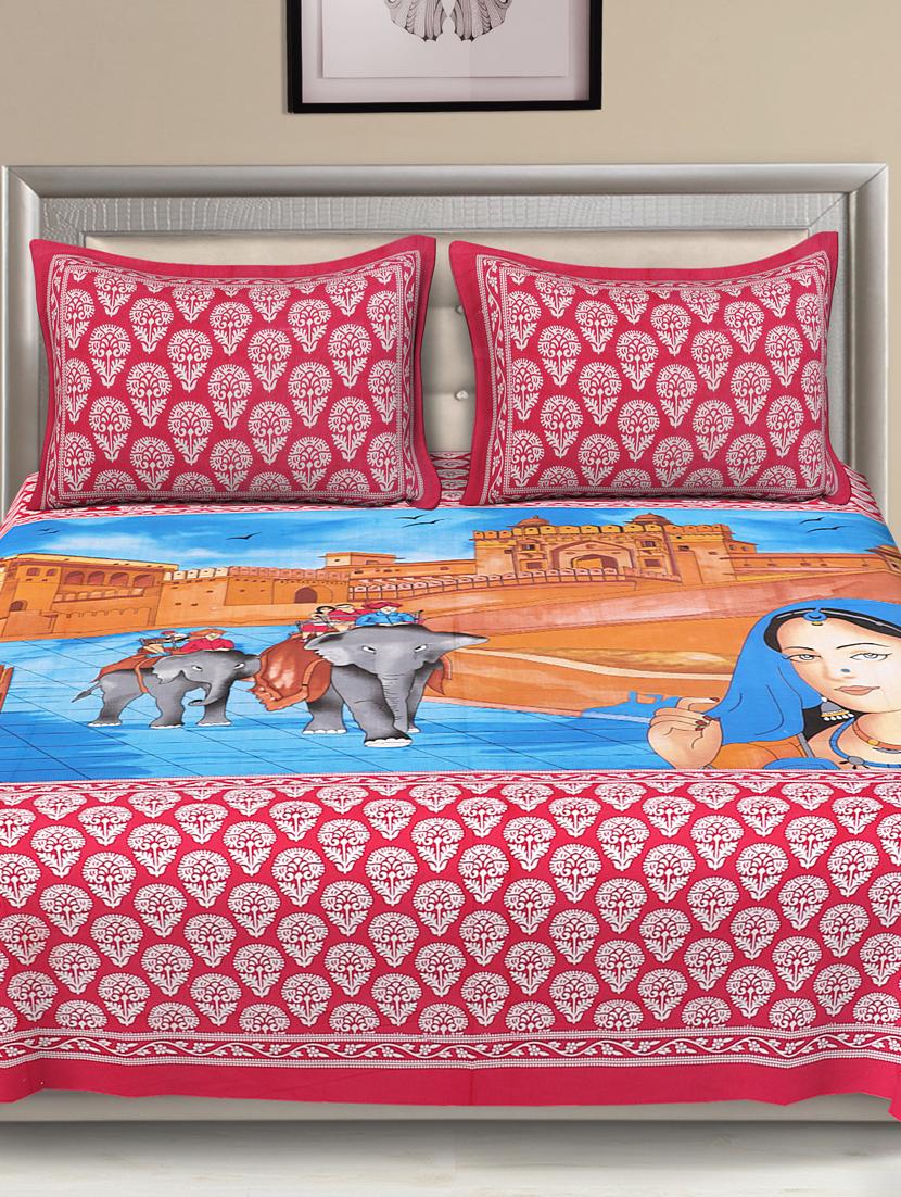 uniqchoice blue color 100% cotton jaipuri traditonal double bedsheet with 2 pillow cover - 18655627 - Standard Image - 1