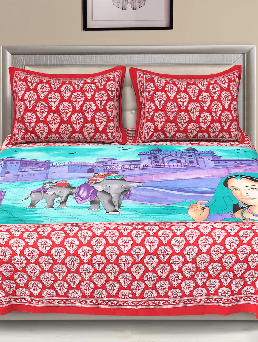 uniqchoice blue color 100% cotton jaipuri traditonal double bedsheet with 2 pillow cover - 18655629 - Standard Image - 1