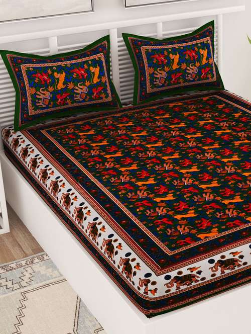 uniqchoice green color 100% cotton jaipuri traditonal double bedsheet with 2 pillow cover - 18655633 - Standard Image - 0