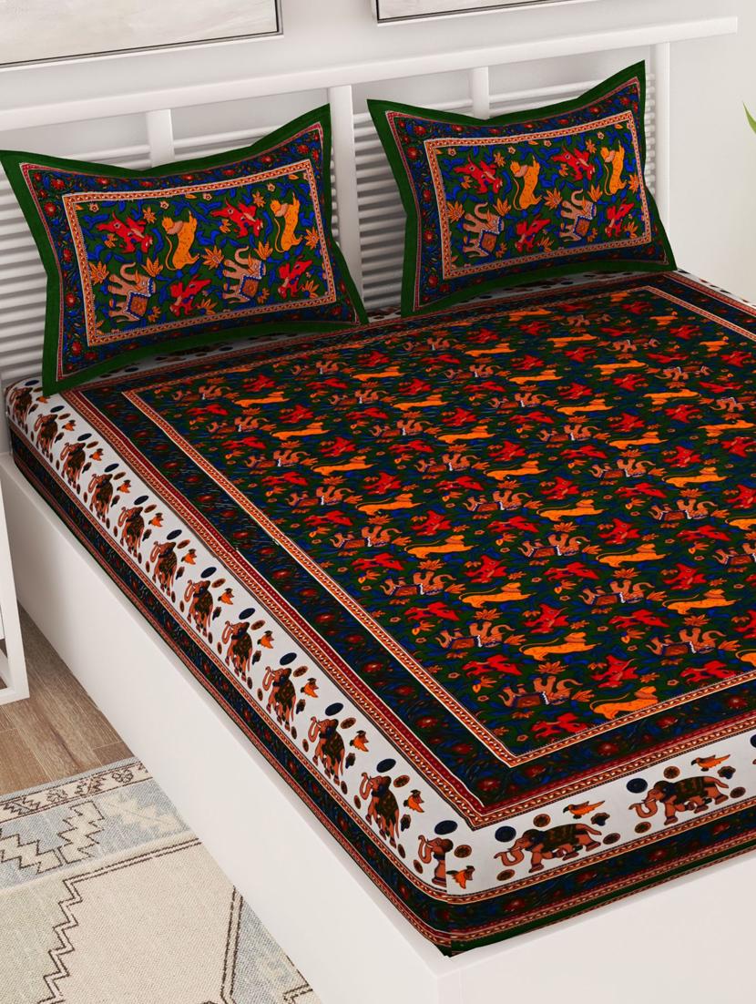 uniqchoice green color 100% cotton jaipuri traditonal double bedsheet with 2 pillow cover - 18655633 - Zoom Image - 0