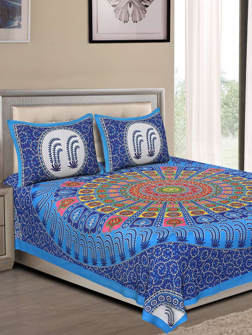 uniqchoice blue color 100% cotton jaipuri traditonal double bedsheet with 2 pillow cover