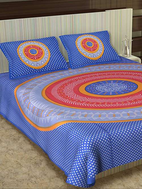 uniqchoice light blue color 100% cotton jaipuri traditonal double bedsheet with 2 pillow cover - 18655645 -  Standard Image - 0