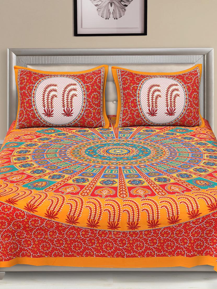 uniqchoice blue color 100% cotton jaipuri traditonal double bedsheet with 2 pillow cover - 18655647 - Standard Image - 1