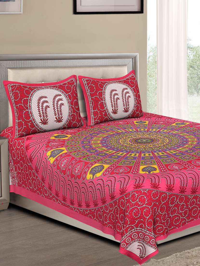 uniqchoice blue color 100% cotton jaipuri traditonal double bedsheet with 2 pillow cover