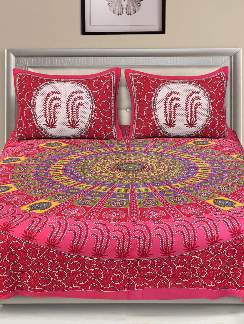 uniqchoice blue color 100% cotton jaipuri traditonal double bedsheet with 2 pillow cover - 18655649 - Standard Image - 1