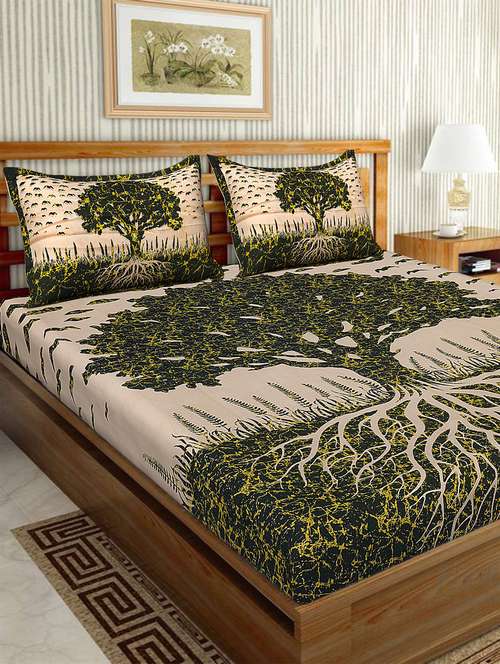 uniqchoice brown color 100% cotton jaipuri traditonal double bedsheet with 2 pillow cover - 18655656 -  Standard Image - 0