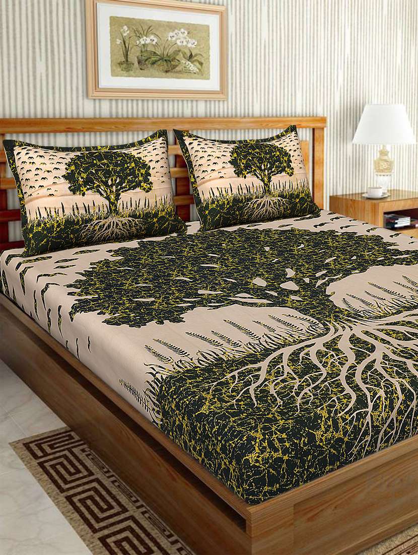 uniqchoice brown color 100% cotton jaipuri traditonal double bedsheet with 2 pillow cover - 18655656 -  Zoom Image - 0