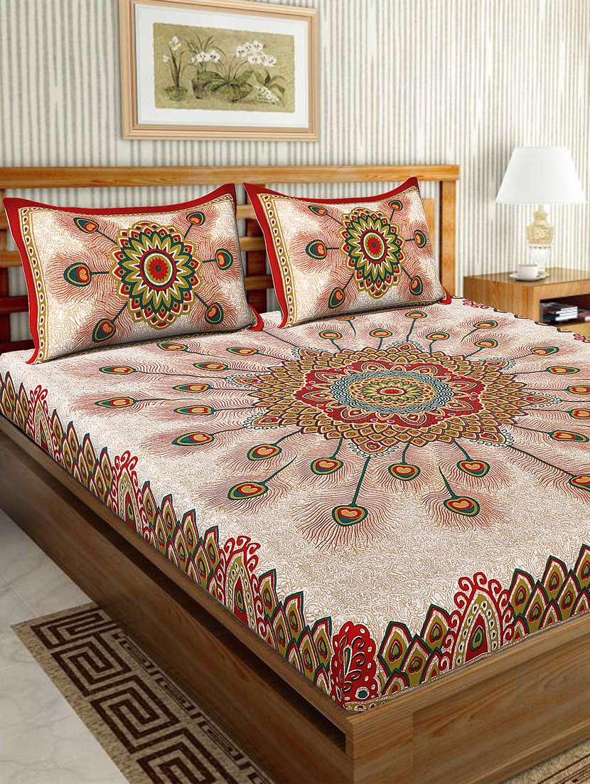 uniqchoice blue color 100% cotton jaipuri traditonal double bedsheet with 2 pillow cover