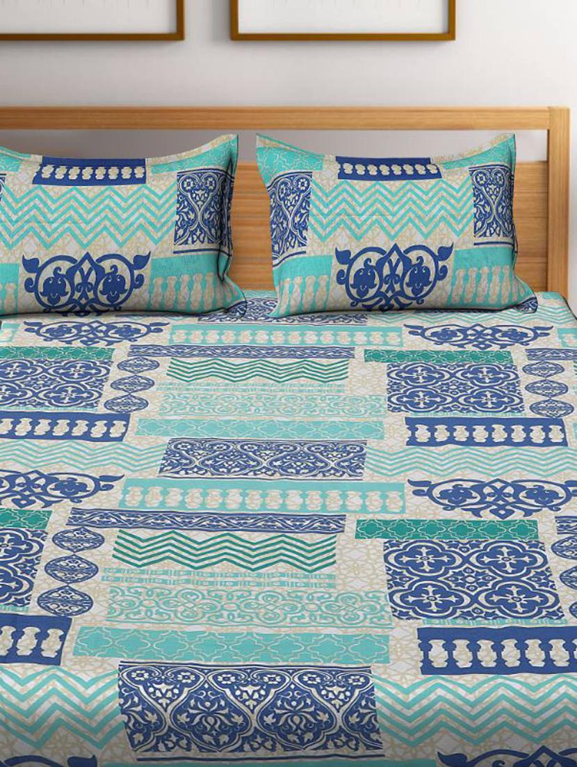 uniqchoice blue color 100% cotton jaipuri traditonal double bedsheet with 2 pillow cover - 18655661 - Standard Image - 1