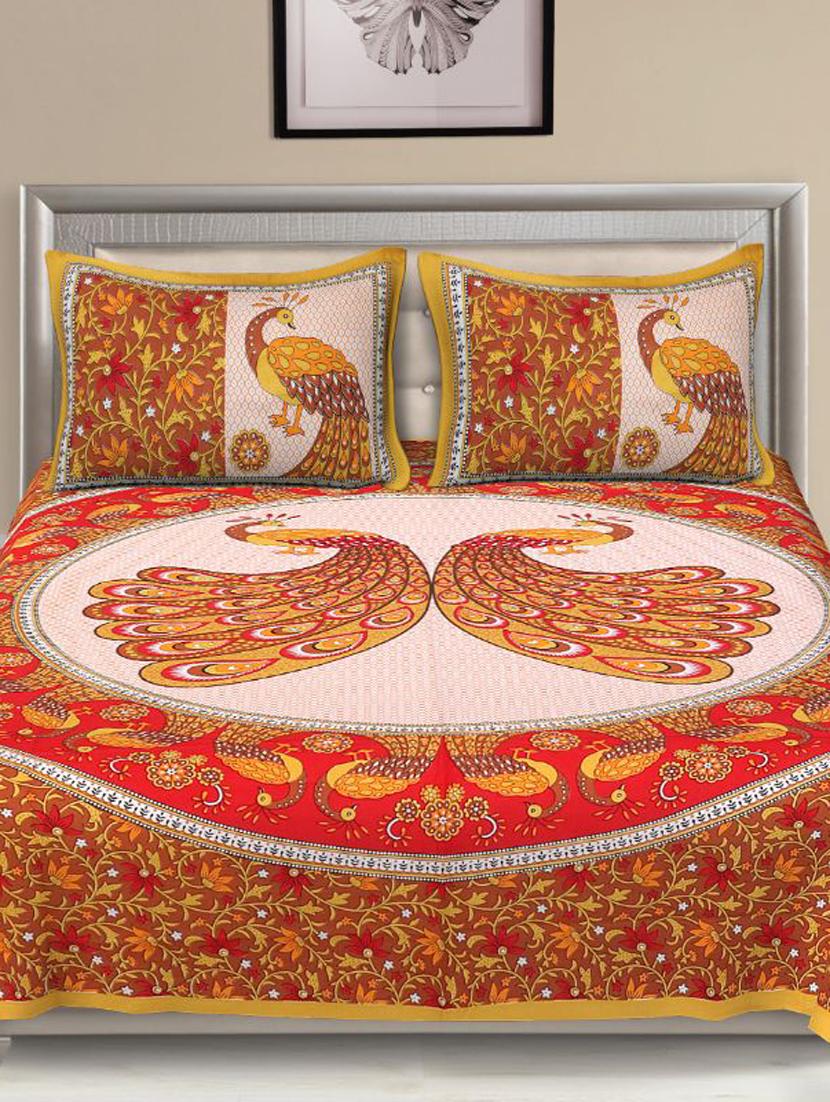 uniqchoice blue color 100% cotton jaipuri traditonal double bedsheet with 2 pillow cover - 18655664 -  Standard Image - 1