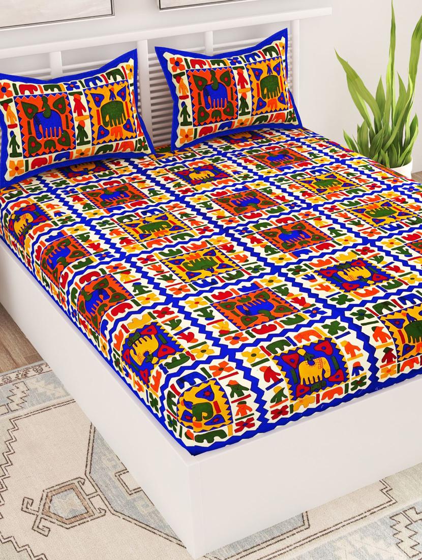 uniqchoice blue color 100% cotton jaipuri traditonal double bedsheet with 2 pillow cover - 18655673 -  Standard Image - 1