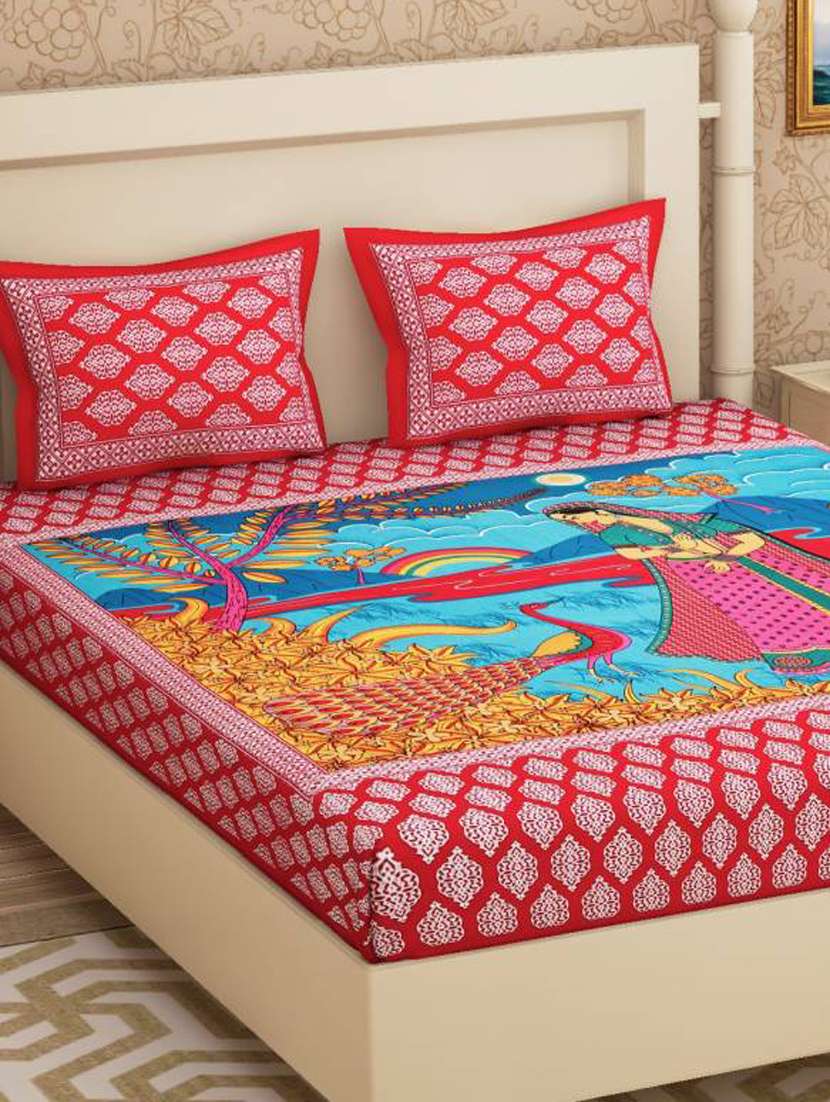 uniqchoice blue color 100% cotton jaipuri traditonal double bedsheet with 2 pillow cover