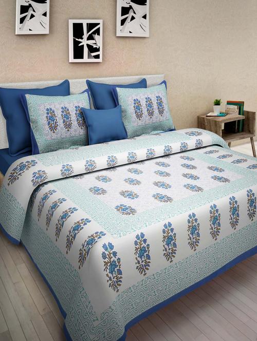 uniqchoice blue color 100% cotton jaipuri traditonal double bedsheet with 2 pillow cover - 18655750 - Standard Image - 0